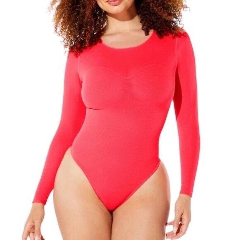 Yitty Mesh Me Smoothing Sleeved Thong Bodysuit Hot Pink Size 2X